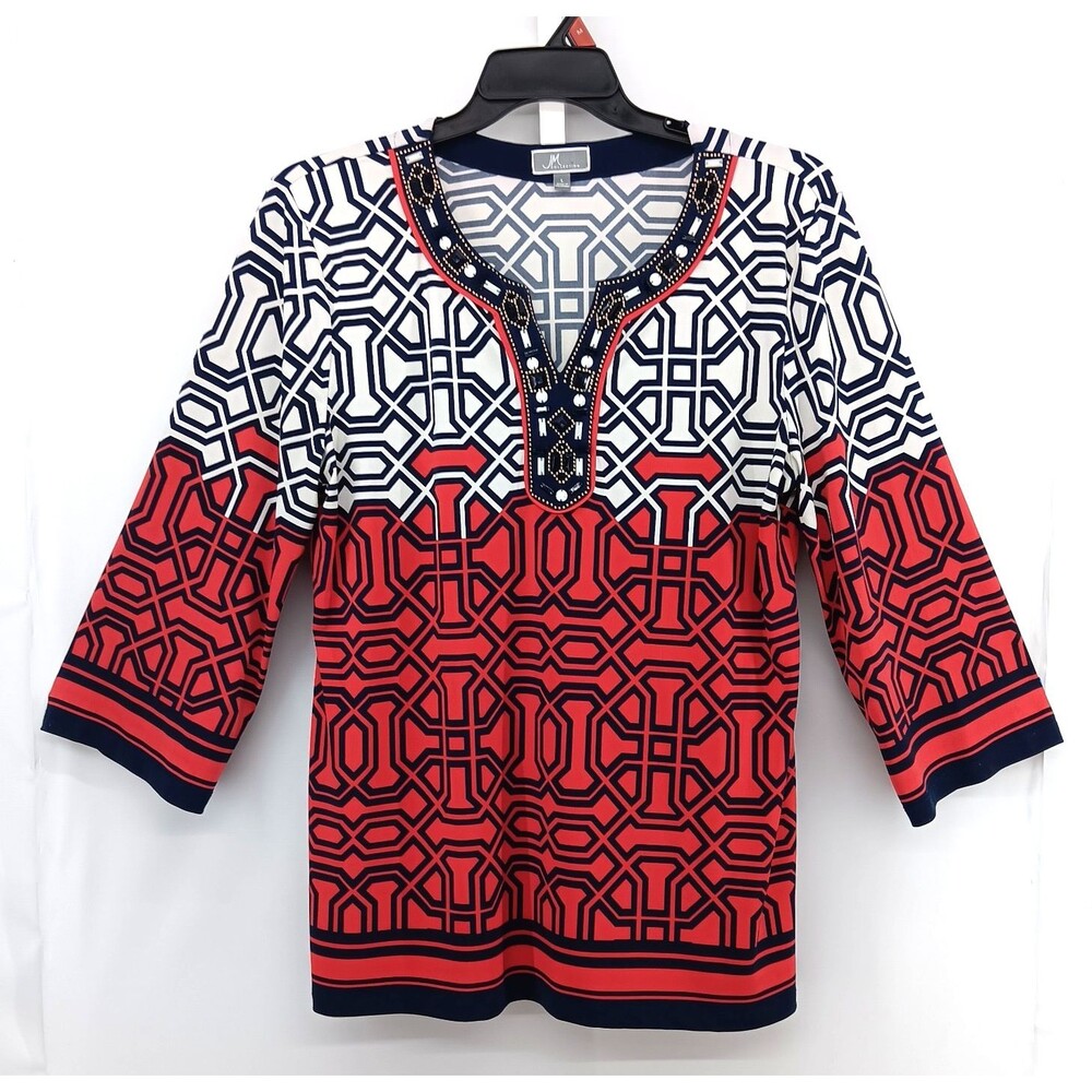 JM Collection Blouse Women Large Red White Blue Geometric Embellished V Neck Top